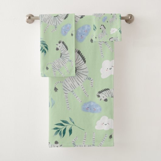 Cute animal safari patroon zebra boy pastel groen bad handdoek (Insitu)