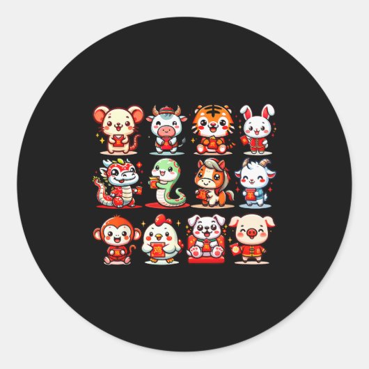 Cute Animal Twelve Zodiac Signs Celebrate Lunar Ne Ronde Sticker (Voorkant)