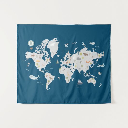 Cute Animal Wereldkaart Wandkleed (Voorkant (horizontaal))
