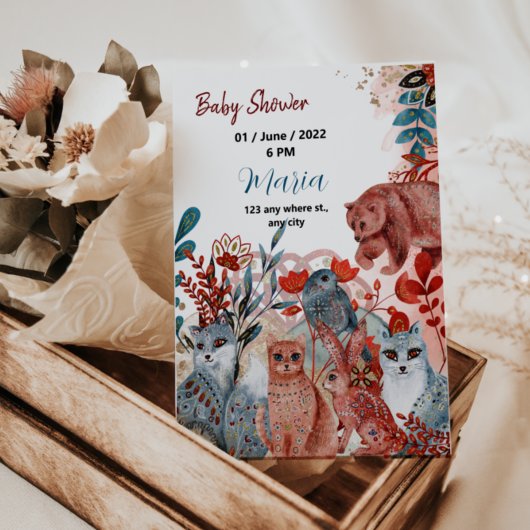 Cute Animals baby shower uitnodiging rood en blauw