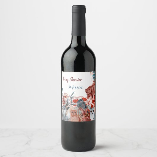 Cute Animals baby shower uitnodiging rood en blauw Wijn Etiket (Voorkant)