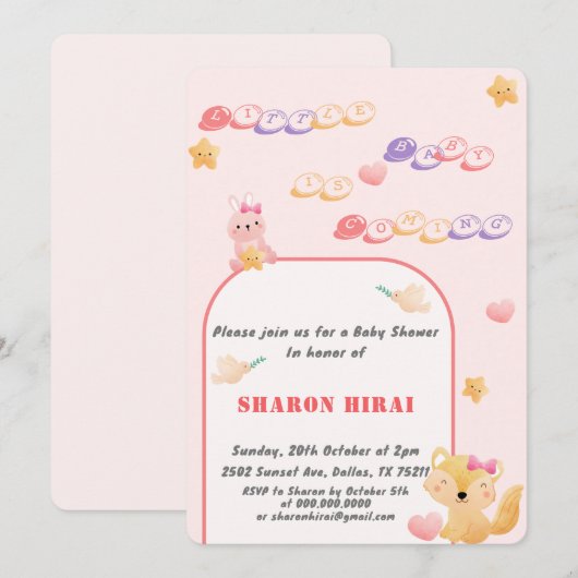 Cute Animals Baby Shower Uitnodiging - Roze (Voorkant / Achterkant)