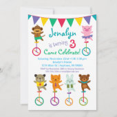 Cute Animals Birthday Invitation Unicycle Circus Kaart (Voorkant)