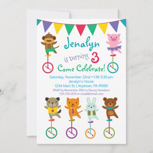 Cute Animals Birthday Invitation Unicycle Circus Kaart (Voorkant)
