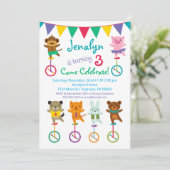 Cute Animals Birthday Invitation Unicycle Circus Kaart (Staand voorkant)