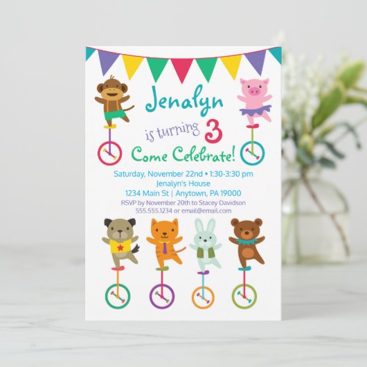 Cute Animals Birthday Invitation Unicycle Circus Kaart (Staand voorkant)