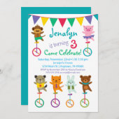 Cute Animals Birthday Invitation Unicycle Circus Kaart (Voorkant / Achterkant)