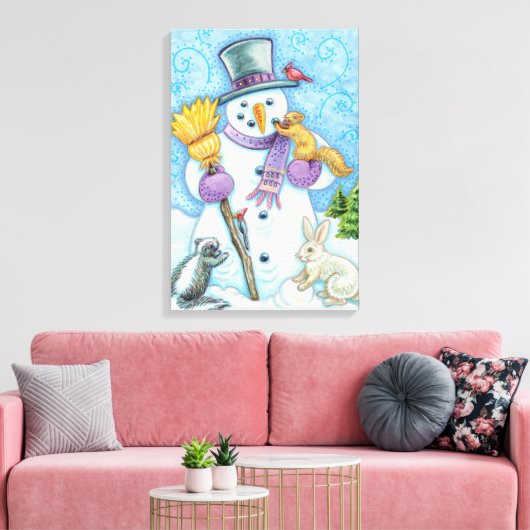 Cute Animals Building a Snowman for Kerstmis Canvas Afdruk (Insitu (Woonkamer))