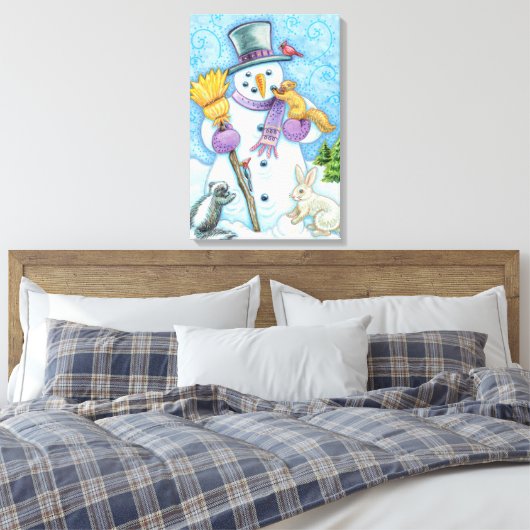 Cute Animals Building a Snowman for Kerstmis Canvas Afdruk (Insitu (Slaapkamer))