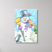 Cute Animals Building a Snowman for Kerstmis Canvas Afdruk (Voorkant)