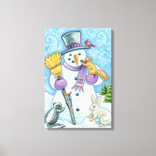 Cute Animals Building a Snowman for Kerstmis Canvas Afdruk (Voorkant)