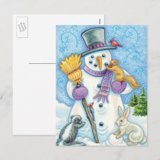 Cute Animals Building a Snowman for Kerstmis Feestdagenkaart (Voorkant / Achterkant)