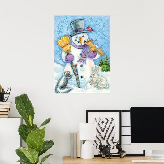 Cute Animals Building a Snowman for Kerstmis Poster (Thuiskantoor)