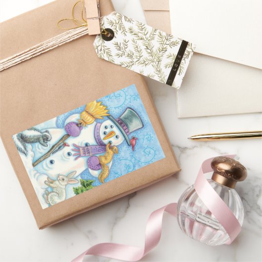Cute Animals Building a Snowman for Kerstmis Rechthoekige Sticker (Geschenken)