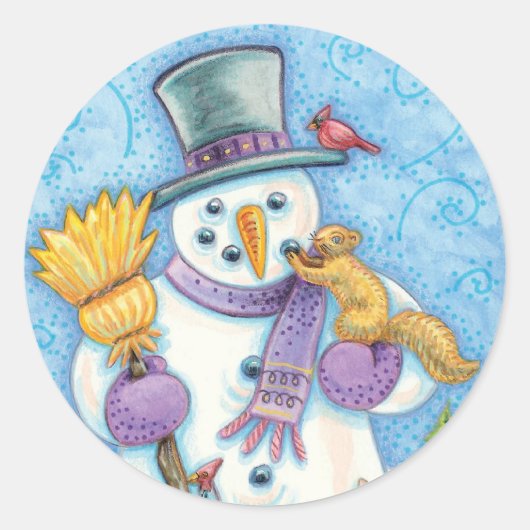 Cute Animals Building a Snowman for Kerstmis Ronde Sticker (Voorkant)