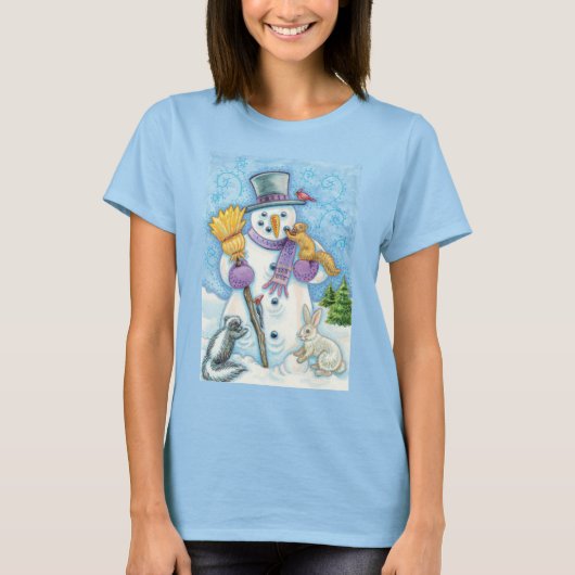 Cute Animals Building a Snowman for Kerstmis T-shirt (Voorkant)