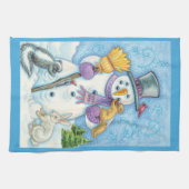 Cute Animals Building a Snowman for Kerstmis Theedoek (Horizontaal)