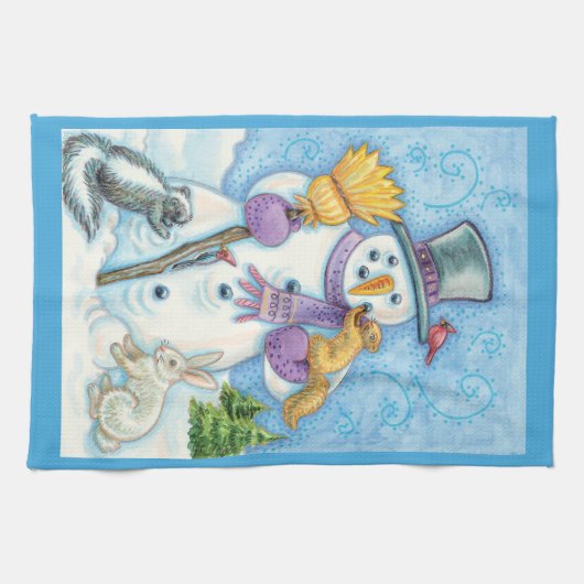 Cute Animals Building a Snowman for Kerstmis Theedoek (Horizontaal)