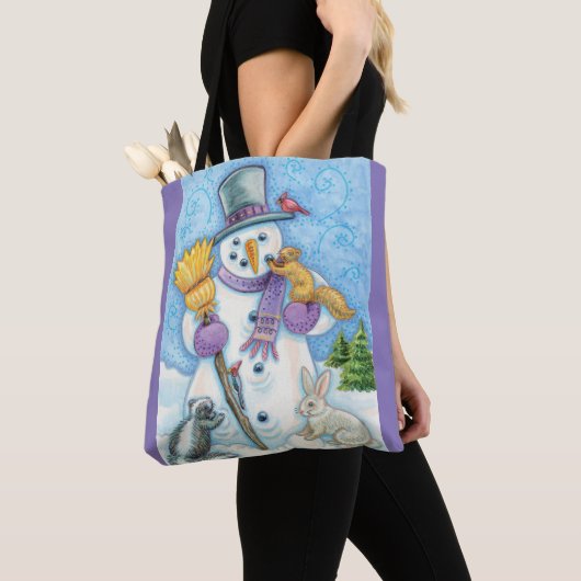 Cute Animals Building a Snowman for Kerstmis Tote Bag (Dichtbij)