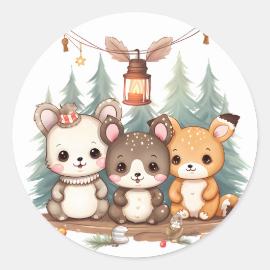 Cute animals celebrating Christmas Ronde Sticker (Voorkant)