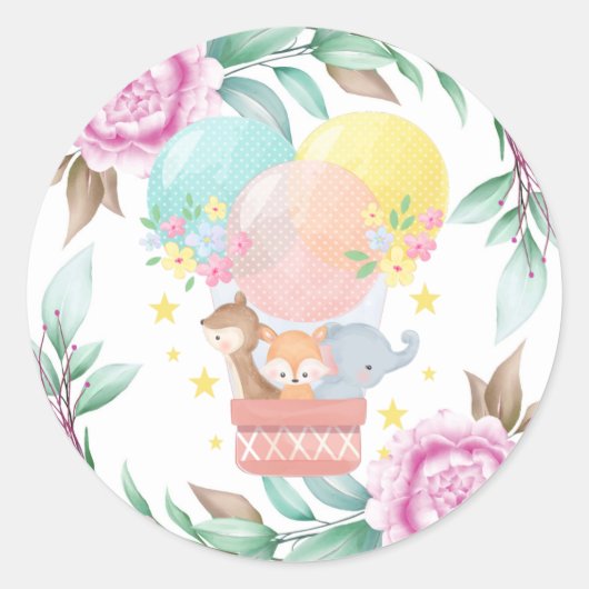 Cute Animals en Pink Peony Classic Baby shower Ronde Sticker (Voorkant)