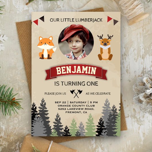 Cute Animals Lumberjack Birthday Party Invitation Kaart