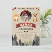 Cute Animals Lumberjack Birthday Party Invitation Kaart (Staand voorkant)