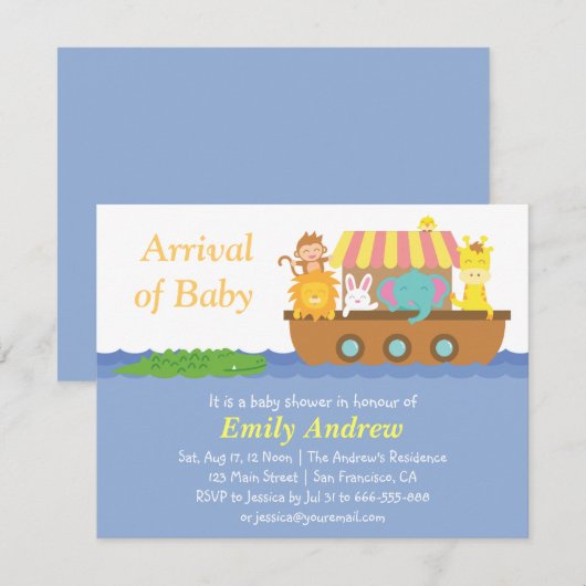 Cute Animals, Noah's Ark Baby shower Kaart (Voorkant / Achterkant)
