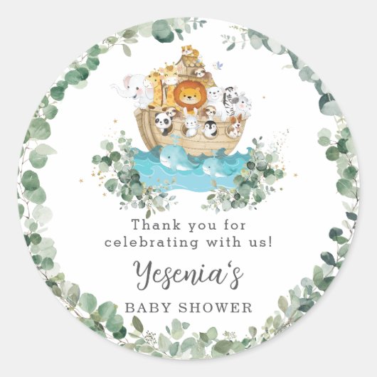 Cute Animals Noah's Ark Greenery Birthday Baby Ronde Sticker (Voorkant)