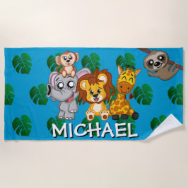 Cute Animals Safari Cartoon Oerwoud Name Blue Strandlaken