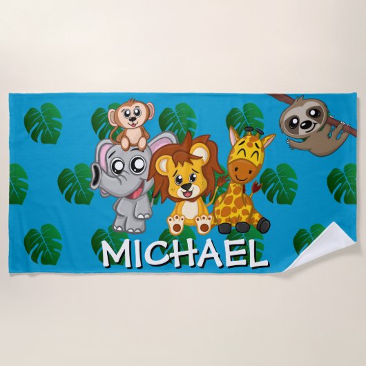 Cute Animals Safari Cartoon Oerwoud Name Blue Strandlaken (Voorkant)