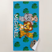Cute Animals Safari Cartoon Oerwoud Name Blue Strandlaken (Voorkant)