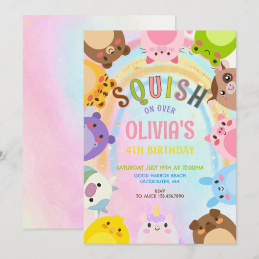 Cute Animals Squish On Over rainbow Birthday Kaart (Voorkant / Achterkant)