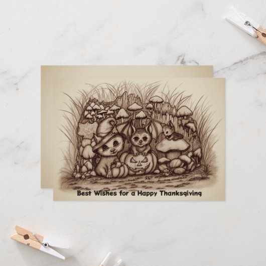 Cute Animals waiting for Thanksgiving Kaart (Voorkant / Achterkant in situ)