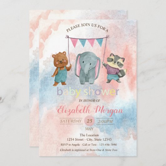 Cute Animals, Waterverf Baby shower Invitation Kaart (Voorkant / Achterkant)