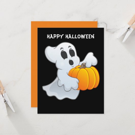 Cute animated Ghost met pompoen Kaart (Voorkant / Achterkant in situ)