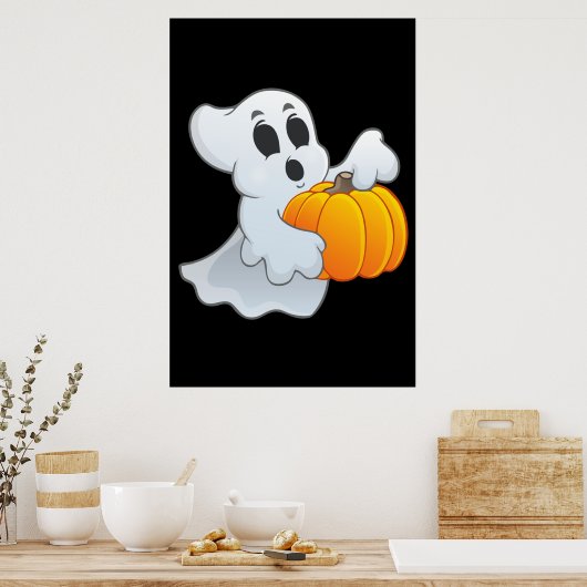 Cute animated Ghost met pompoen Poster (Keuken)