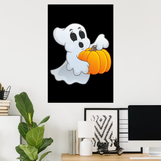 Cute animated Ghost met pompoen Poster (Thuiskantoor)