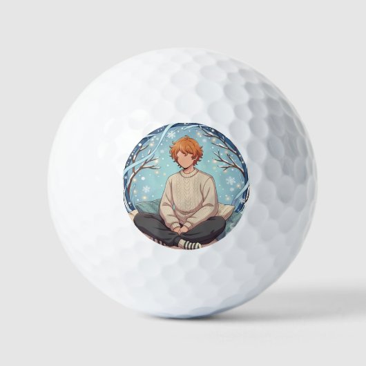 Cute Anime Boy Drinking Coffee in Winter Golfballen (Voorkant)