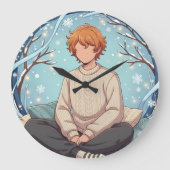 Cute Anime Boy Drinking Coffee in Winter Grote Klok (Voorkant)