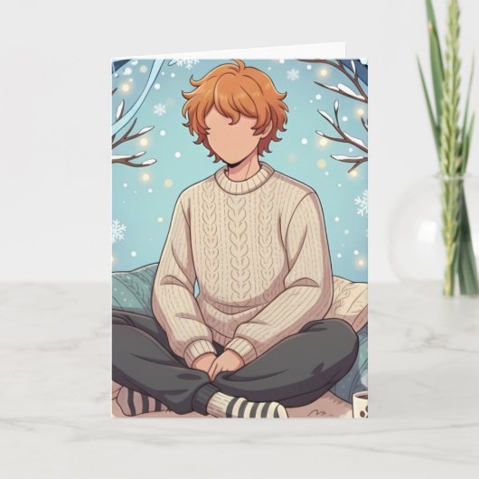Cute Anime Boy Drinking Coffee in Winter Kaart (Voorkant)