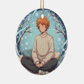 Cute Anime Boy Drinking Coffee in Winter Keramisch Ornament (Rechts)