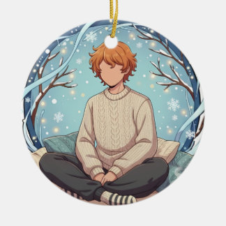 Cute Anime Boy Drinking Coffee in Winter Keramisch Ornament