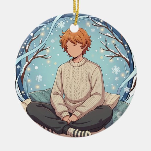 Cute Anime Boy Drinking Coffee in Winter Keramisch Ornament (Voorkant)