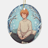 Cute Anime Boy Drinking Coffee in Winter Keramisch Ornament (Links)