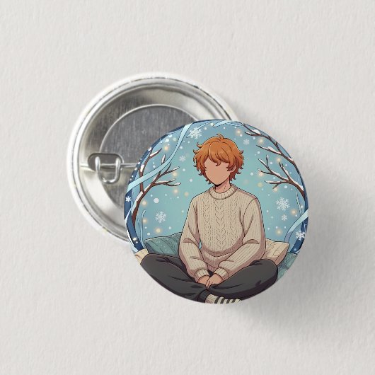 Cute Anime Boy Drinking Coffee in Winter Ronde Button 3,2 Cm (Voorkant /achterkant)