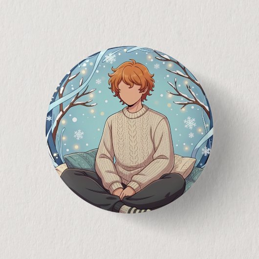 Cute Anime Boy Drinking Coffee in Winter Ronde Button 3,2 Cm (Voorkant)
