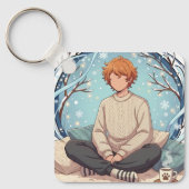 Cute Anime Boy Drinking Coffee in Winter Sleutelhanger (Voorkant)