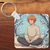 Cute Anime Boy Drinking Coffee in Winter Sleutelhanger (Voorkant)
