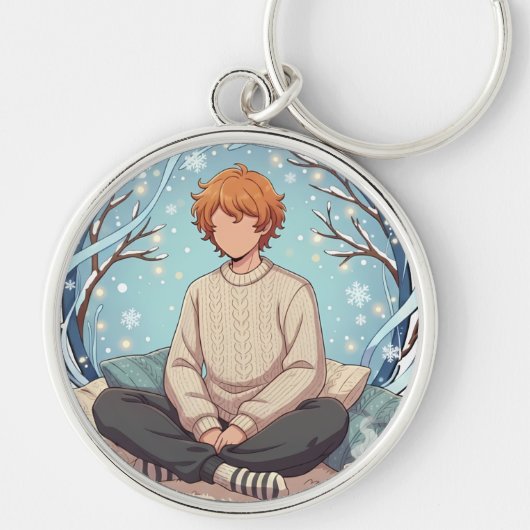 Cute Anime Boy Drinking Coffee in Winter Sleutelhanger (Voorkant)